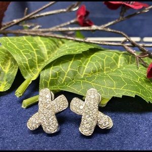 14K  White Gold and Diamond X Shape Earrings